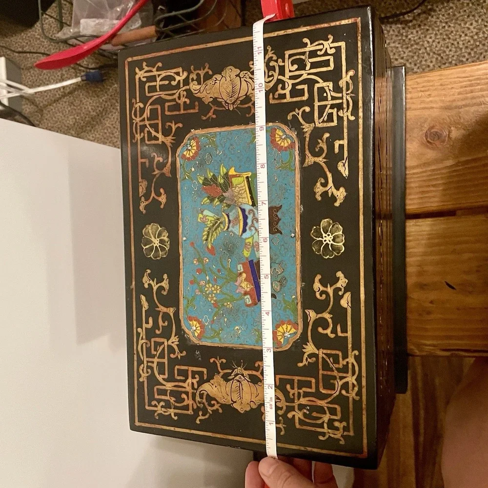 Vintage Chinese Wood Gilt Painted Lacquered  Box W/Cloisonné Medallion